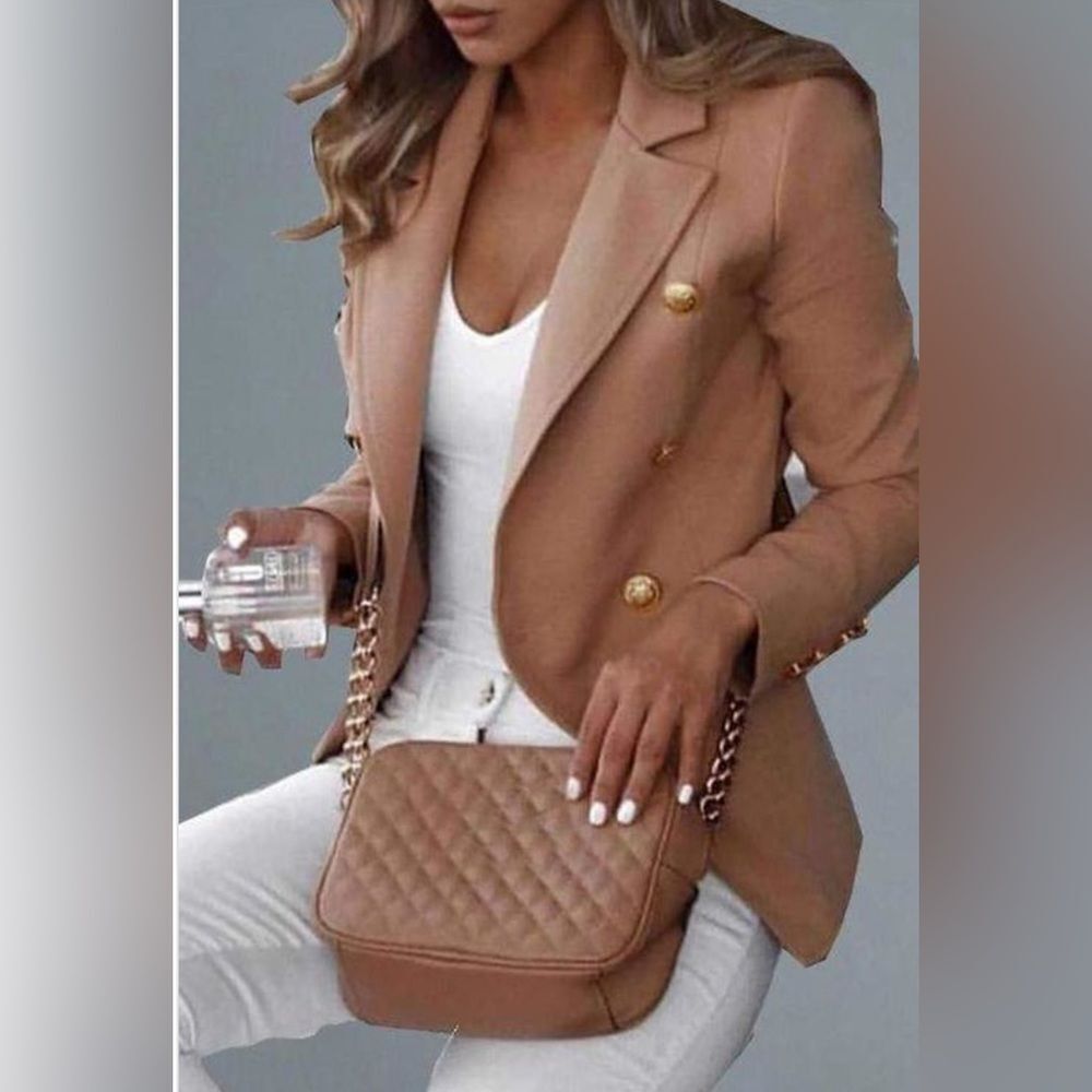 CLASSIC DOUBLE BREASTED BLAZER- TAN WITH GOLD BUTTONS