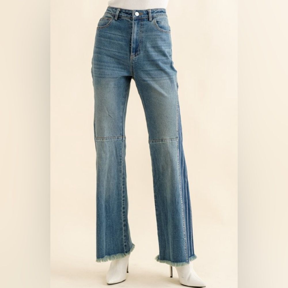 Rhinestone Stripe Side Panel Denim Jeans