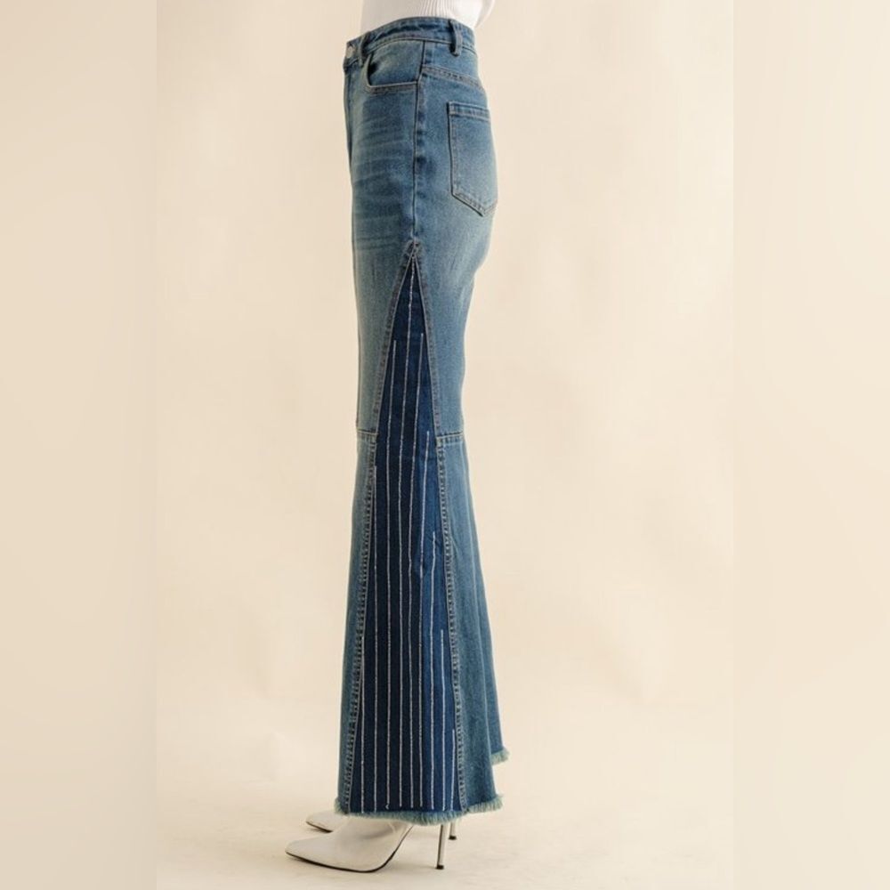 Rhinestone Stripe Side Panel Denim Jeans