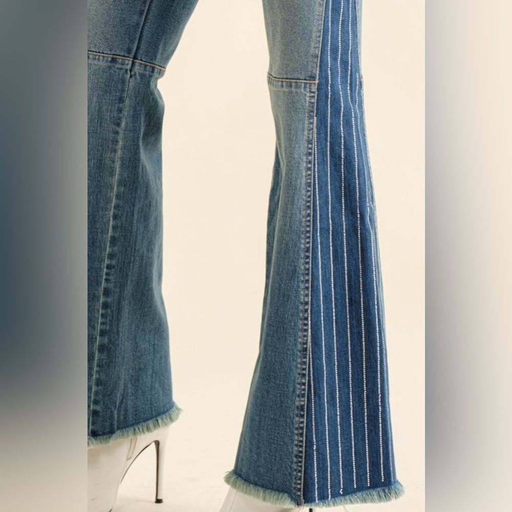 Rhinestone Stripe Side Panel Denim Jeans