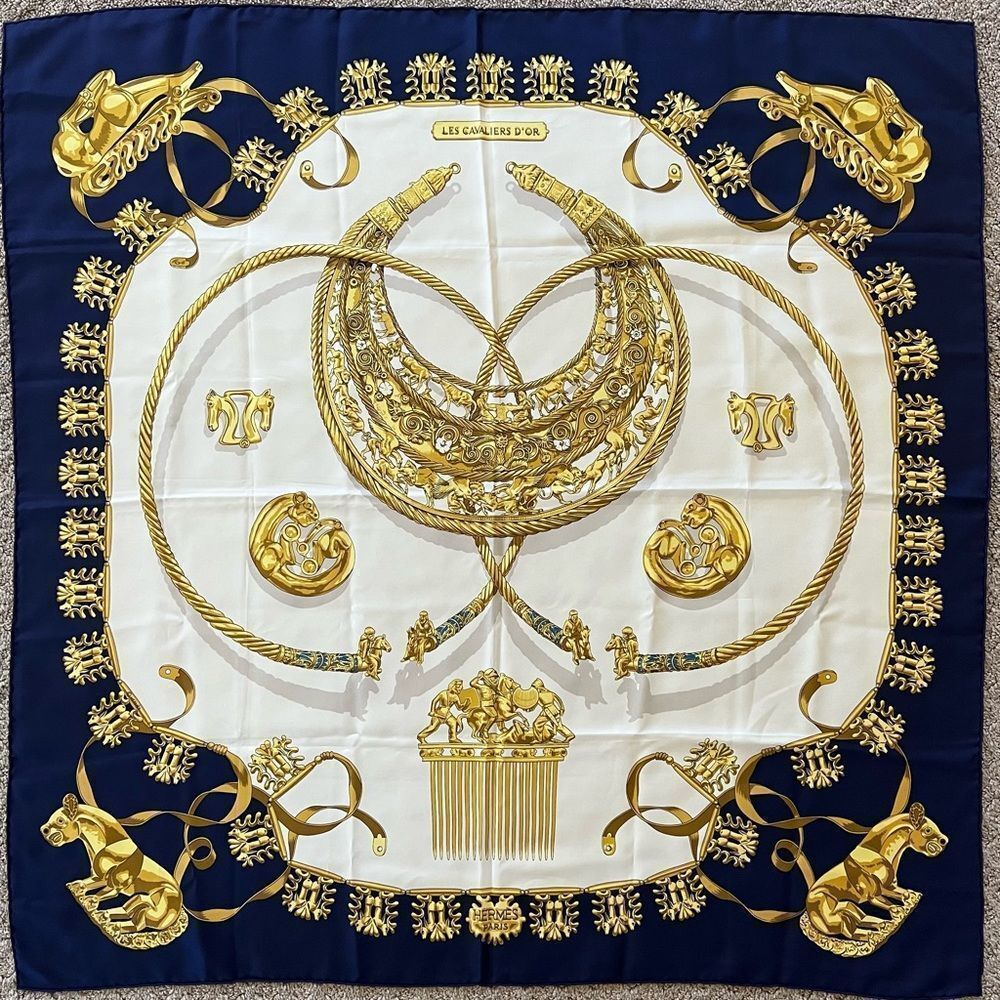 AUTH HERMES SILK SCARF- Les Cavaliers D’Or
