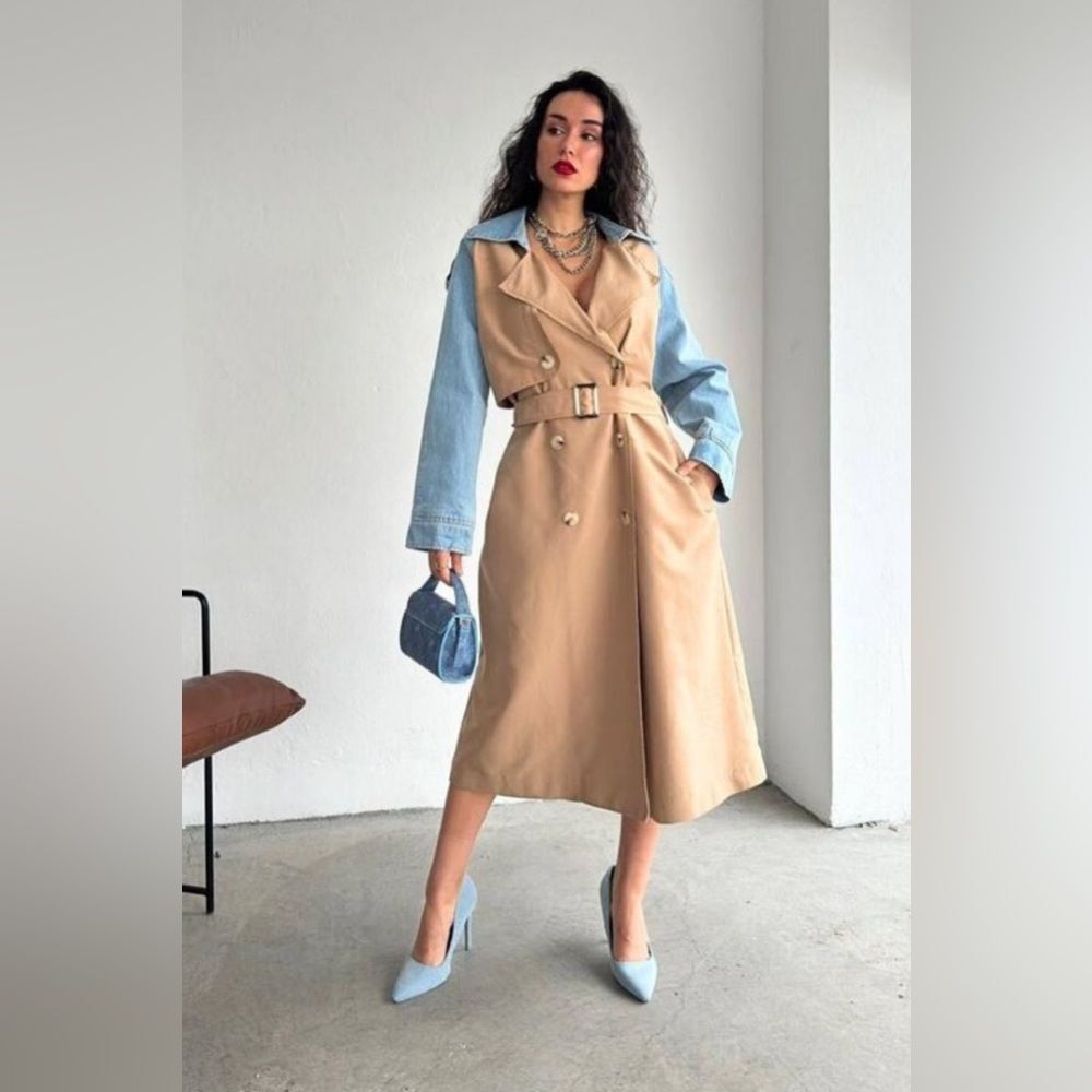 Trench Coat Jacket beige with denim sleeve