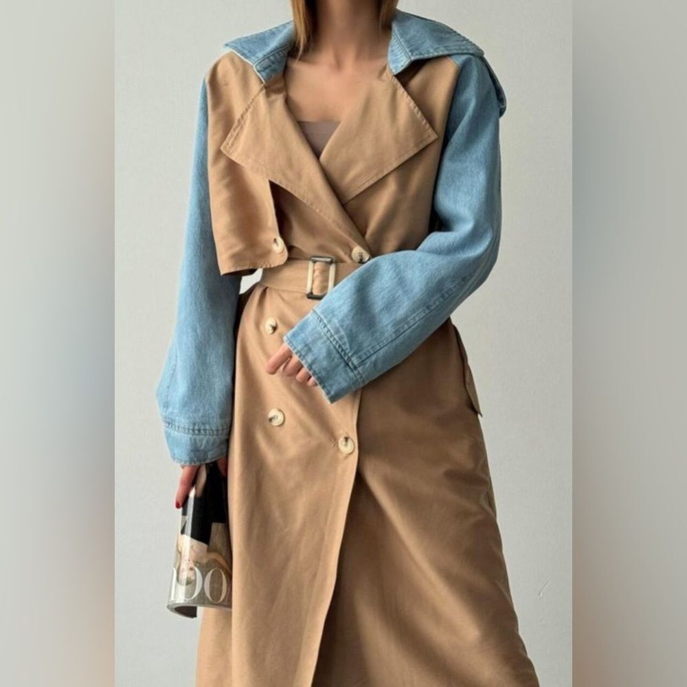 Trench Coat Jacket beige with denim sleeve