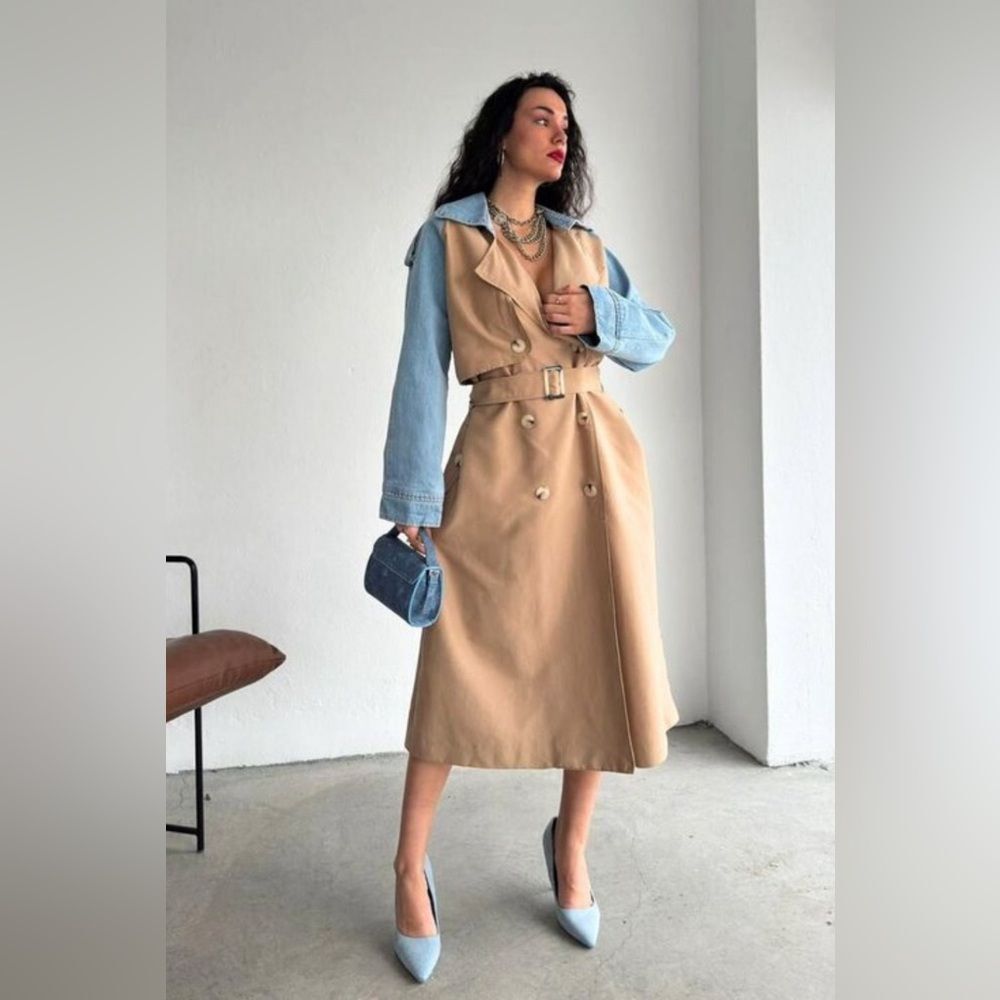 Trench Coat Jacket beige with denim sleeve