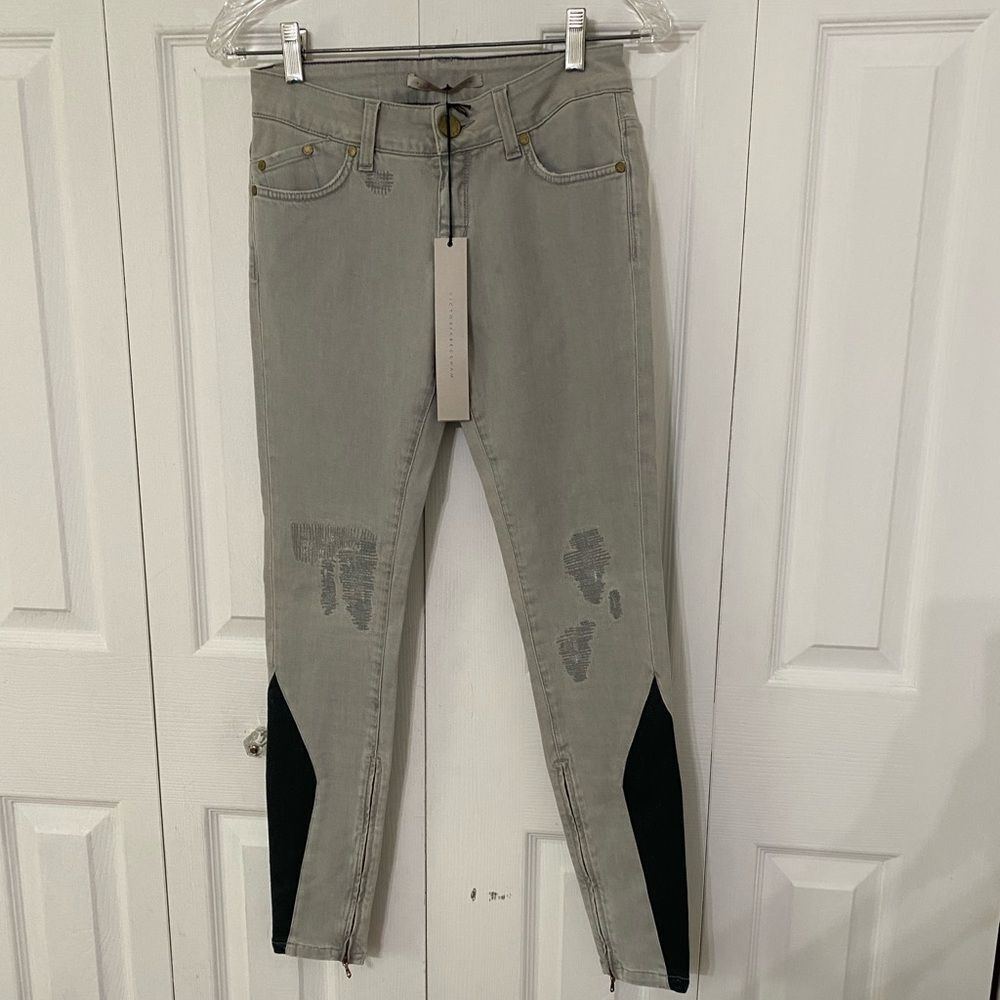 NWT ASO VICTORIA BECKHAM Distressed Diamond Panel Skinny Jeans 25 Celeb