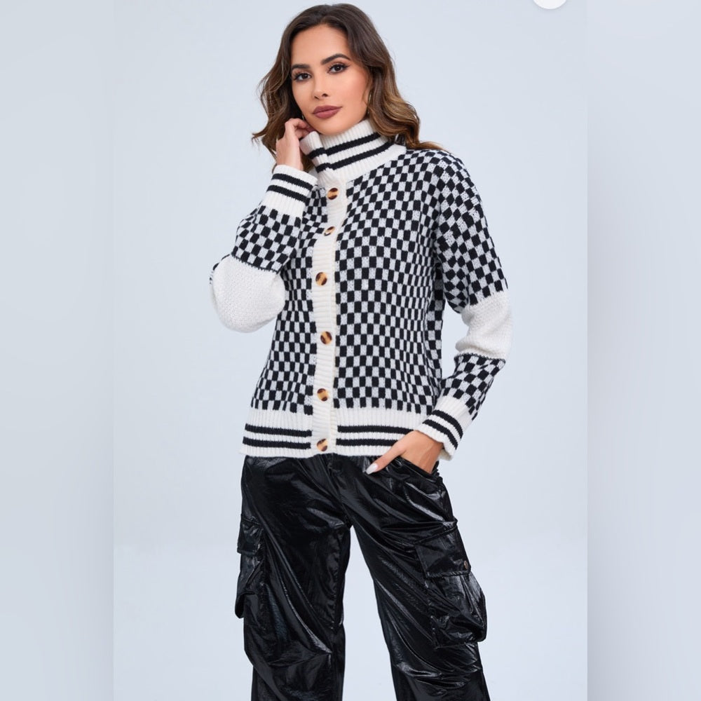 DALIA CHECKER BUTTON SWEATER