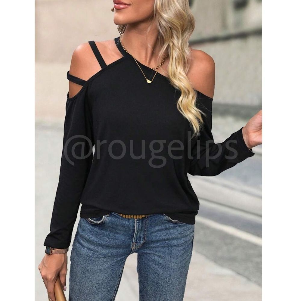 Black Strappy Shirt Casual Cold Shoulder, Asymmetrical, Long Sleeve