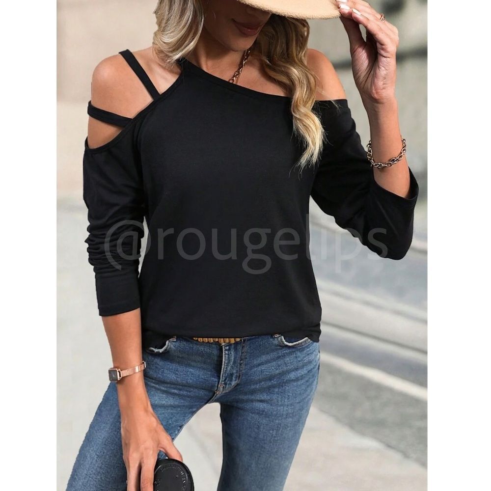 Black Strappy Shirt Casual Cold Shoulder, Asymmetrical, Long Sleeve