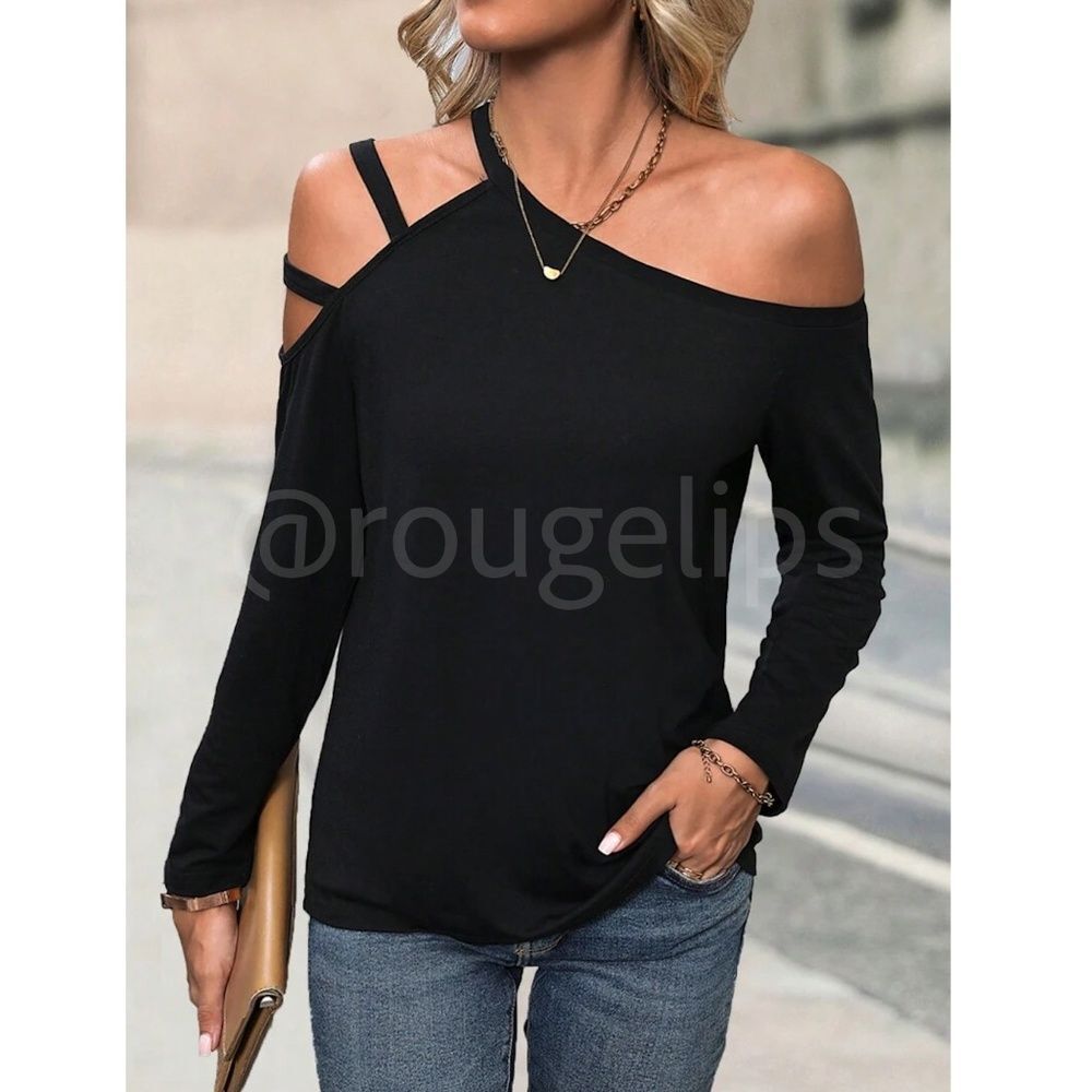 Black Strappy Shirt Casual Cold Shoulder, Asymmetrical, Long Sleeve