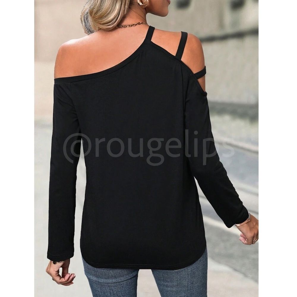 Black Strappy Shirt Casual Cold Shoulder, Asymmetrical, Long Sleeve