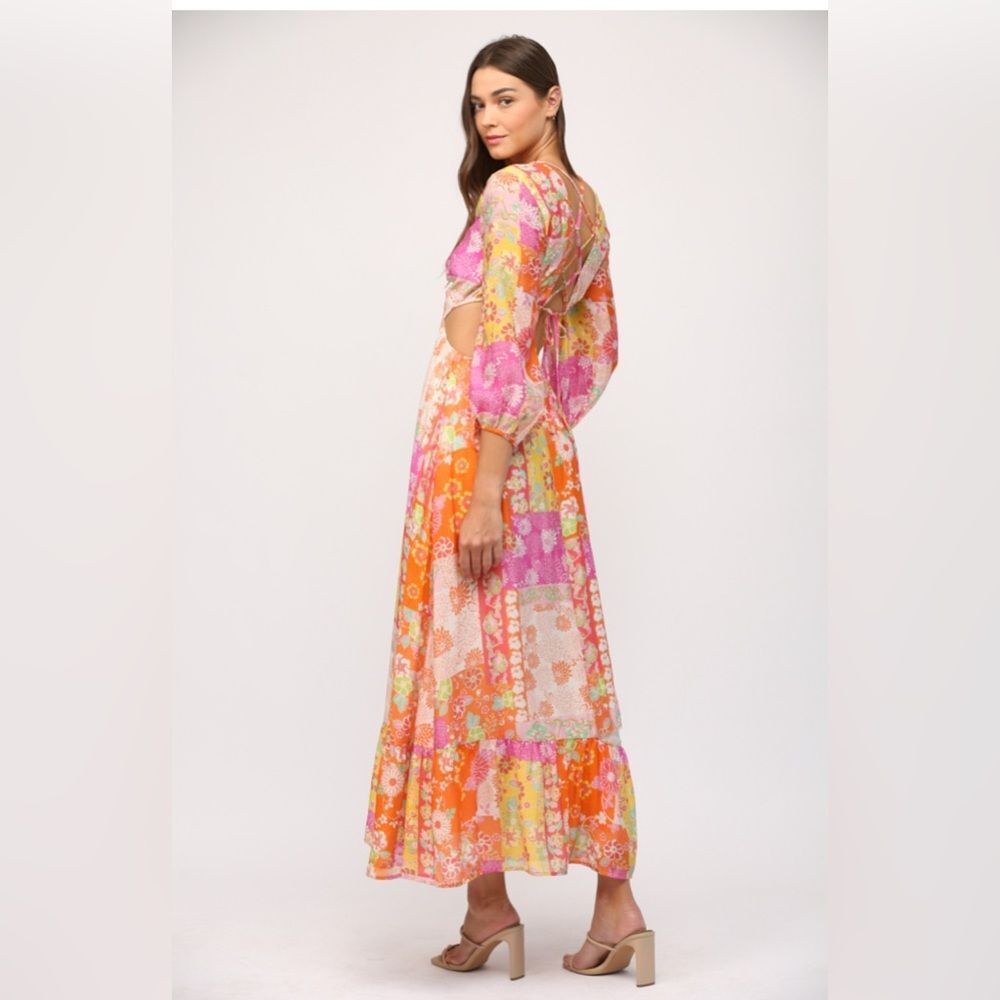 224 FLORAL PATCHWORK PRINT CUT OUT TIE BACK MAXI DRESS