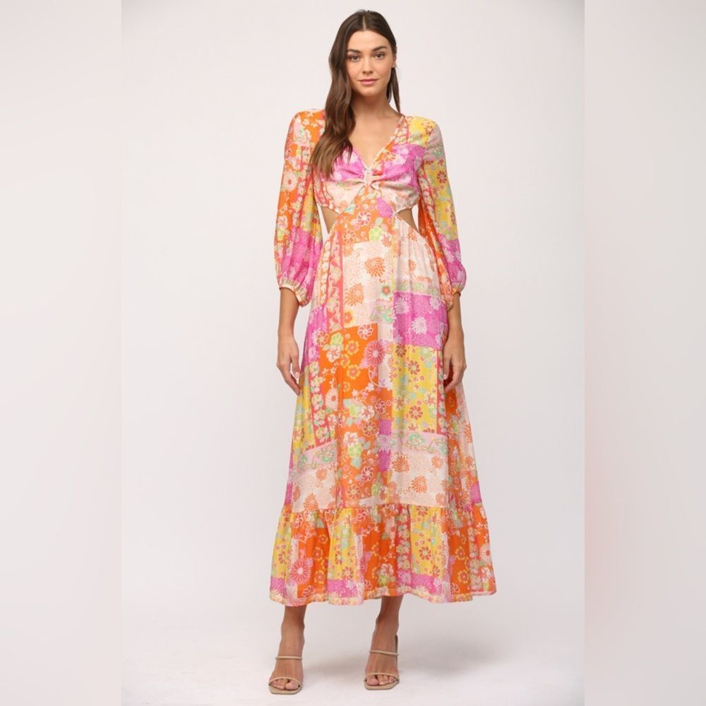 224 FLORAL PATCHWORK PRINT CUT OUT TIE BACK MAXI DRESS