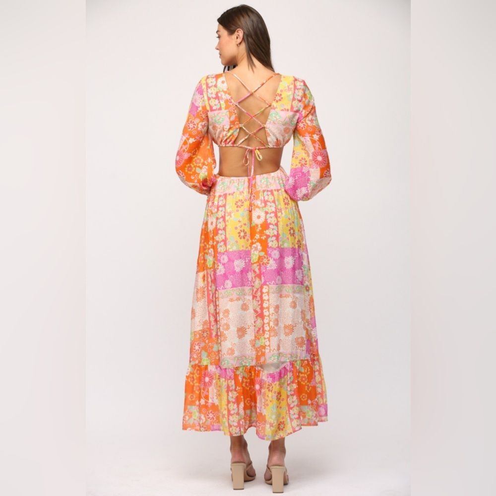 224 FLORAL PATCHWORK PRINT CUT OUT TIE BACK MAXI DRESS