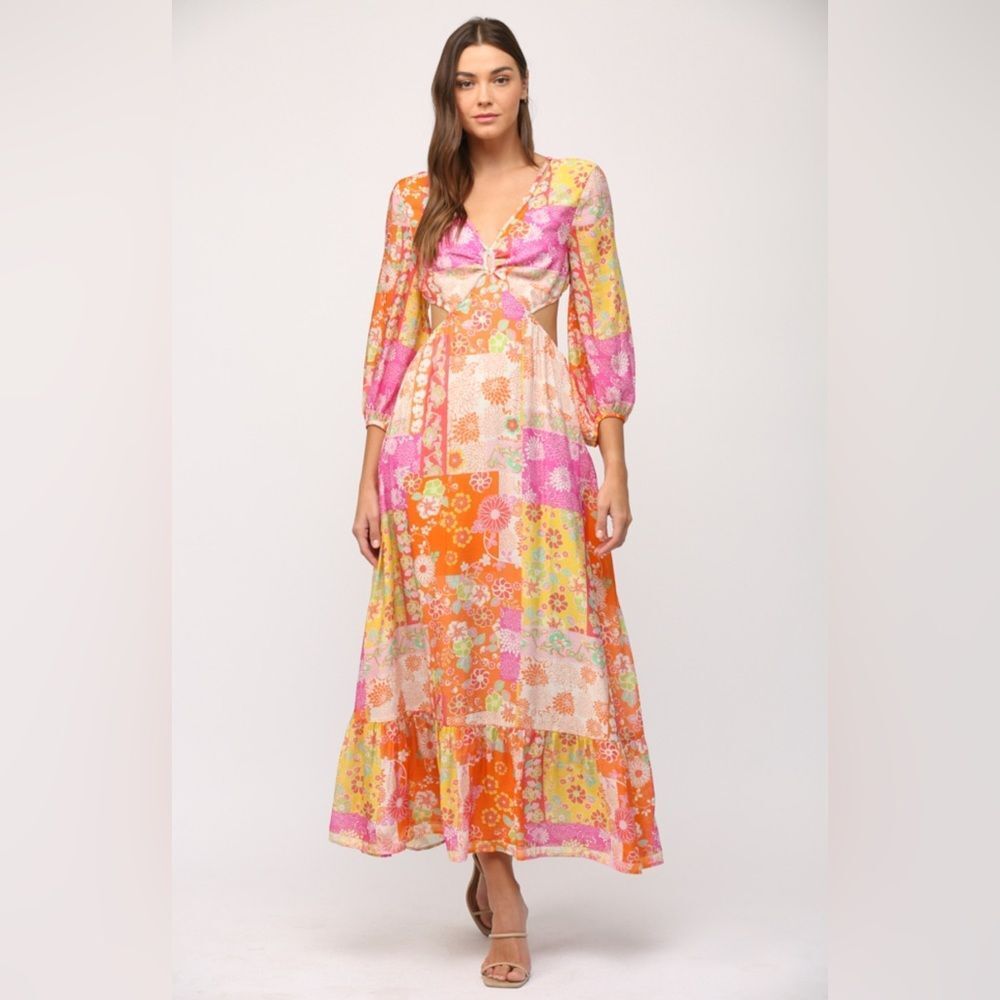 224 FLORAL PATCHWORK PRINT CUT OUT TIE BACK MAXI DRESS
