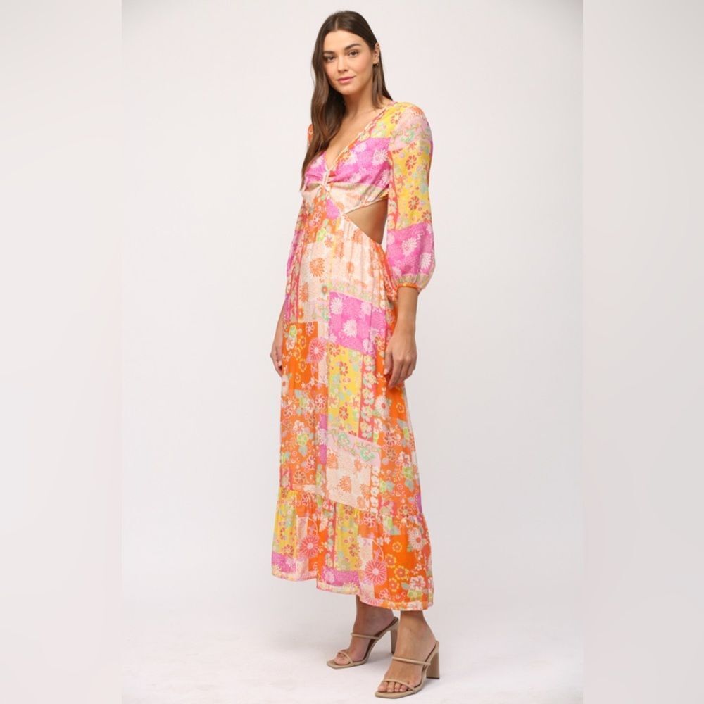 224 FLORAL PATCHWORK PRINT CUT OUT TIE BACK MAXI DRESS