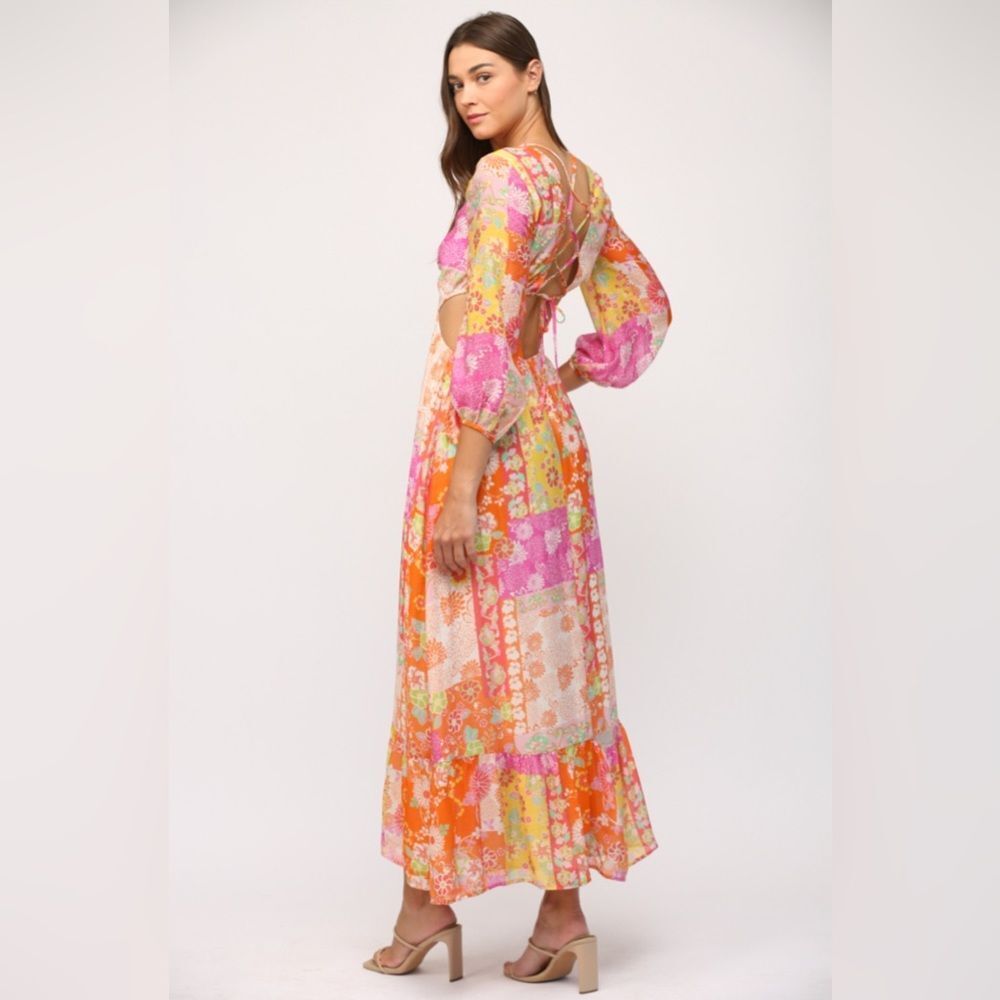 224 FLORAL PATCHWORK PRINT CUT OUT TIE BACK MAXI DRESS