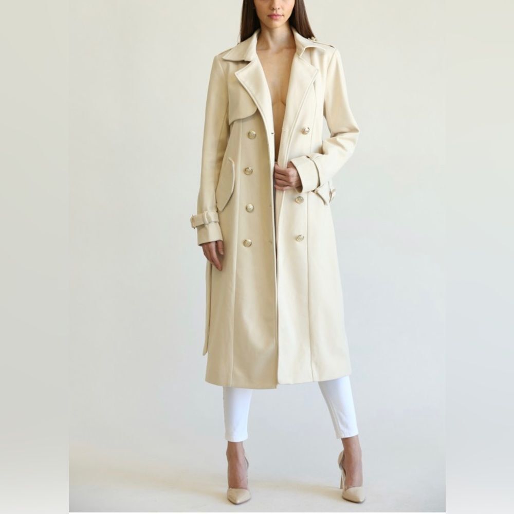 Ioana Gold Buttons Trench Coat in Beige