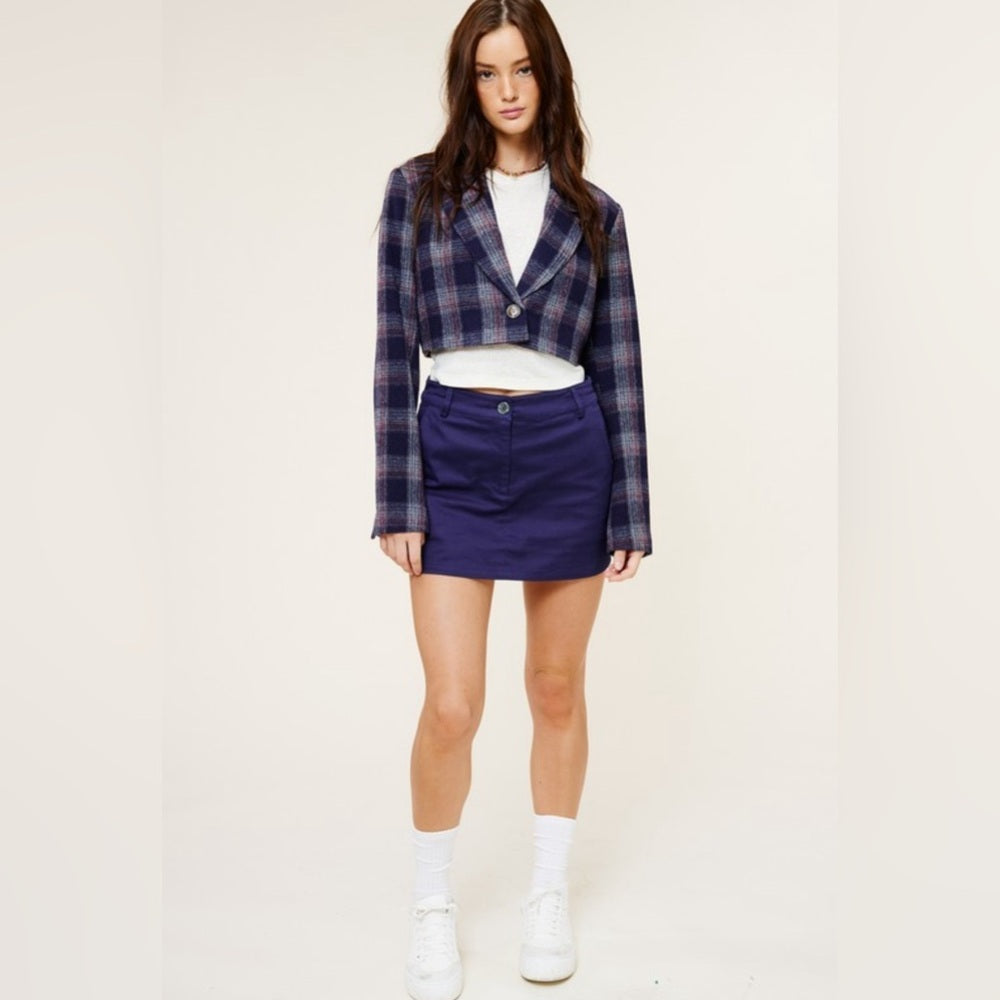 CROPPED PLAID PRINT JACKET WITH LAPEL COLLAR- NAVY/GREY
