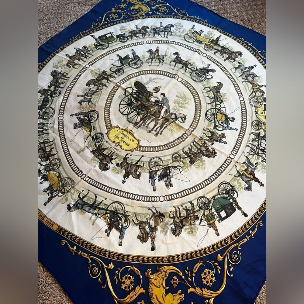 AUTH HERME SCARF, 100% SILK- La Promenade De Longchamps