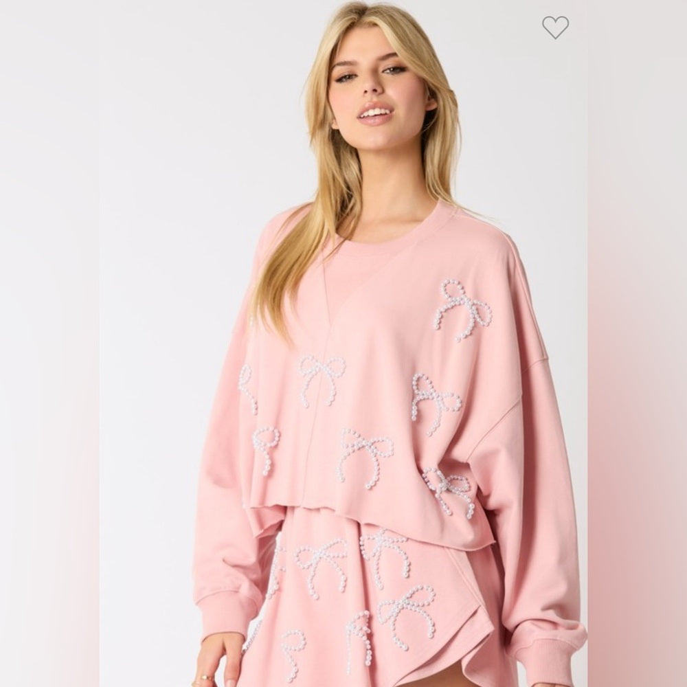 PEARL BOW EMBELLISHED CROPPED SWEATSHIRT AND SKORT SET