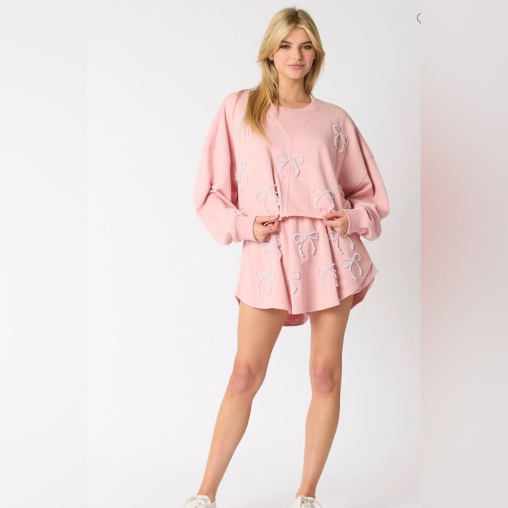 PEARL BOW EMBELLISHED CROPPED SWEATSHIRT AND SKORT SET
