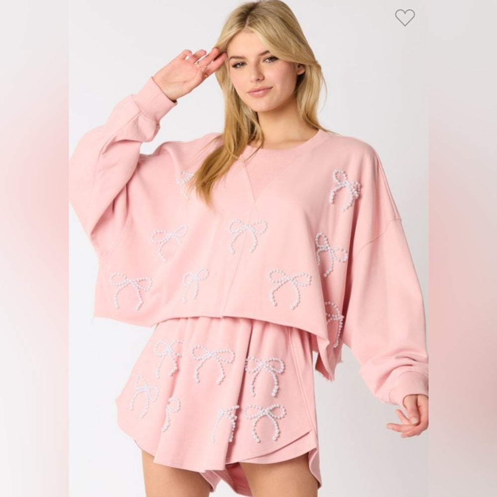 PEARL BOW EMBELLISHED CROPPED SWEATSHIRT AND SKORT SET