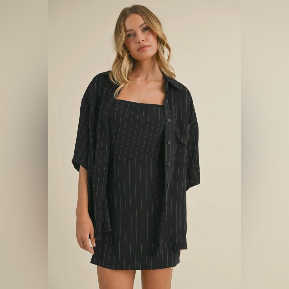 025. Pinstripe mini dress with oversized, button-down, collared shirt