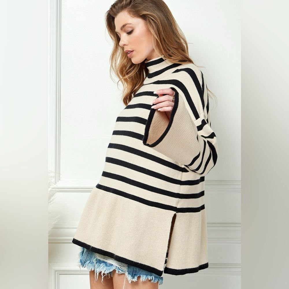Over Fit Stripe Sweater in Ivory Mix