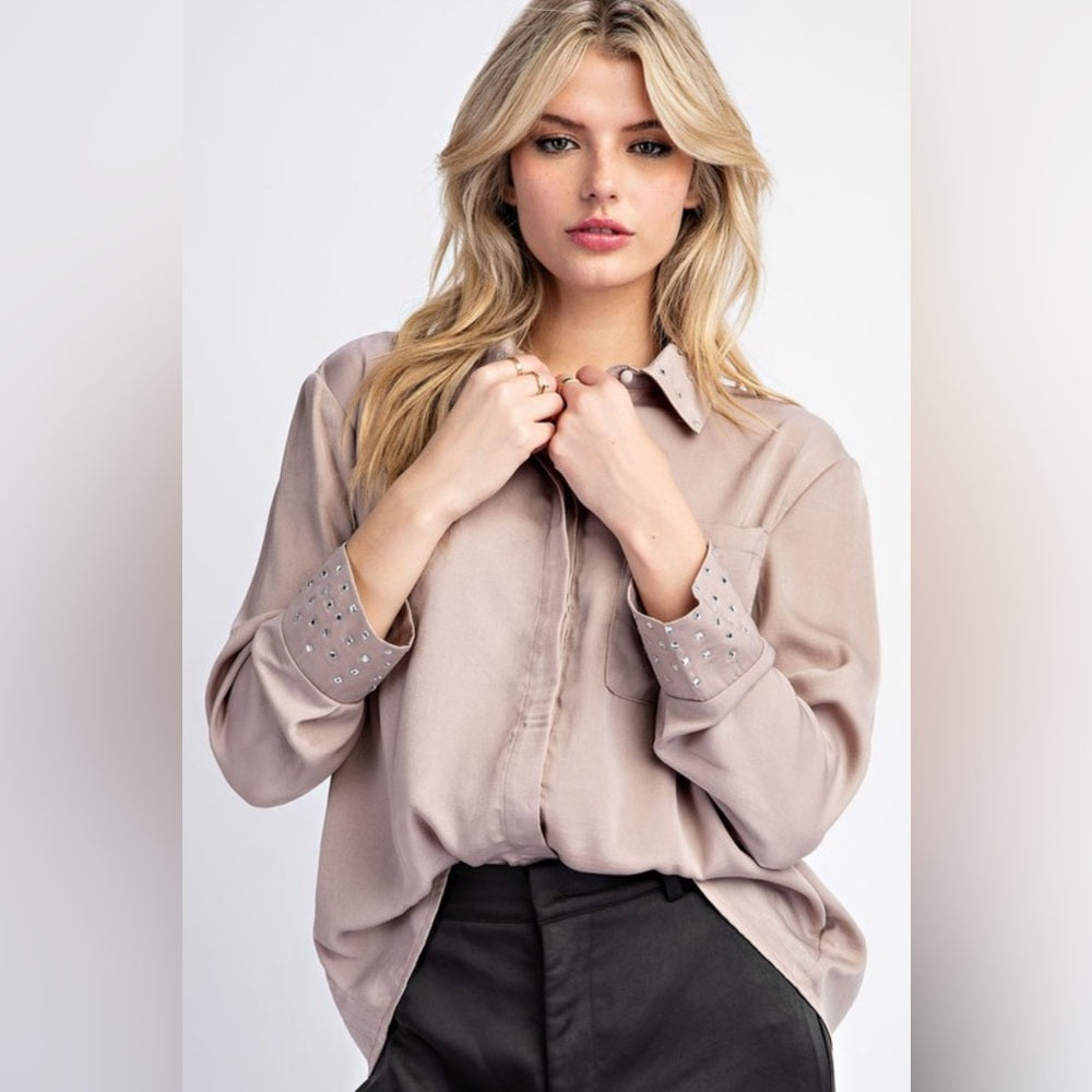 COCO EMBELLISHED BUTTON DOWN LONG SLEEVE BLOUSE TOP