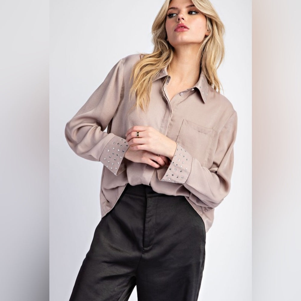 COCO EMBELLISHED BUTTON DOWN LONG SLEEVE BLOUSE TOP
