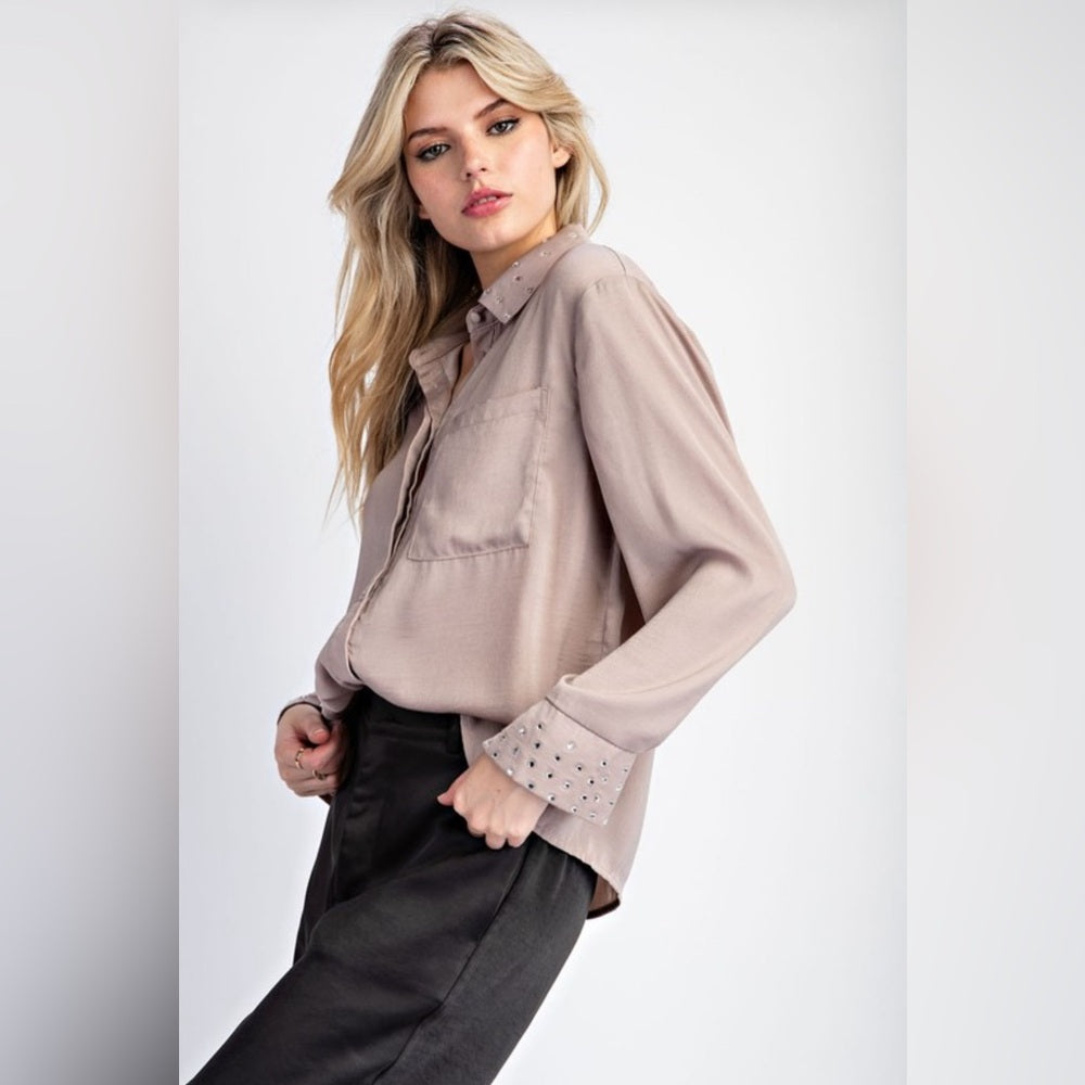COCO EMBELLISHED BUTTON DOWN LONG SLEEVE BLOUSE TOP