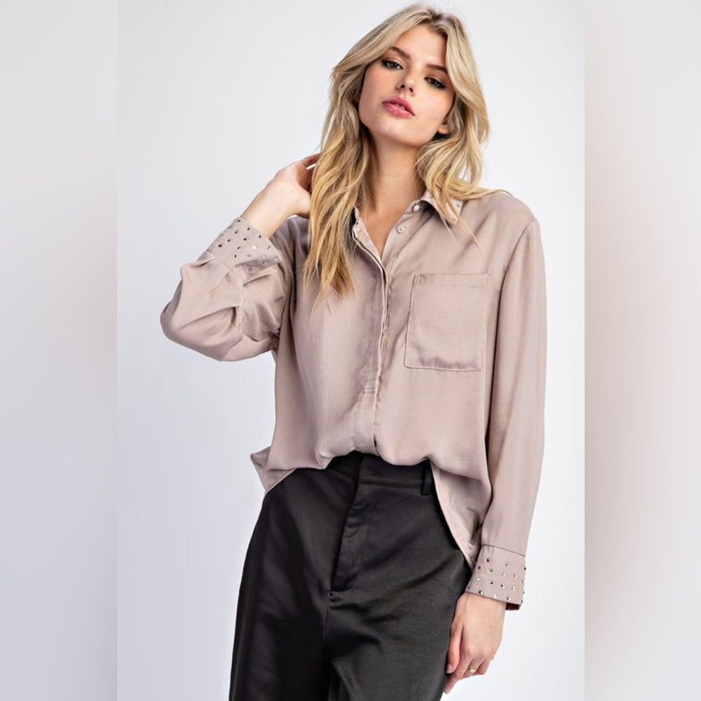 COCO EMBELLISHED BUTTON DOWN LONG SLEEVE BLOUSE TOP