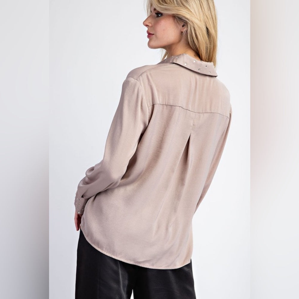 COCO EMBELLISHED BUTTON DOWN LONG SLEEVE BLOUSE TOP