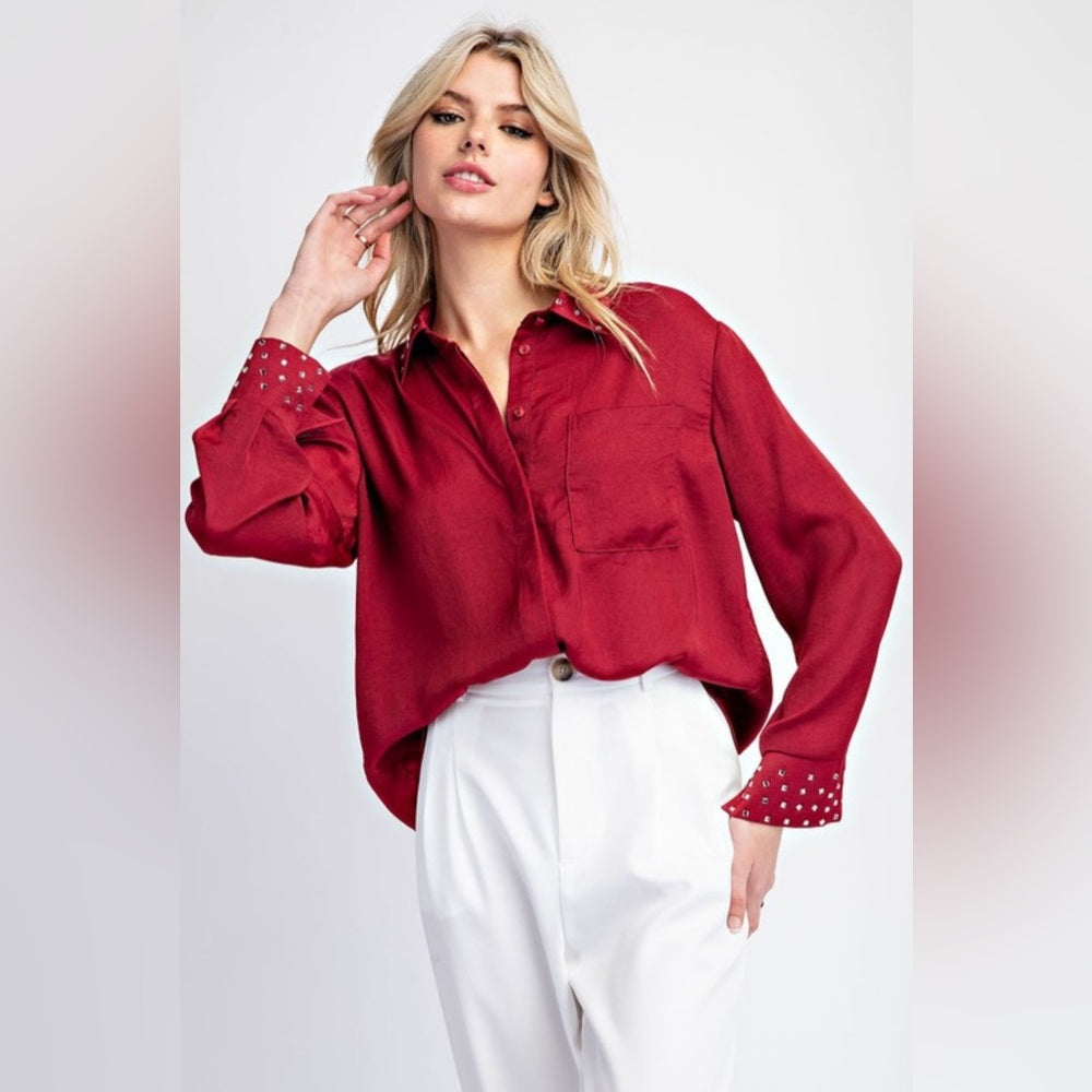 SCARLET EMBELLISHED BUTTON DOWN LONG SLEEVE BLOUSE TOP