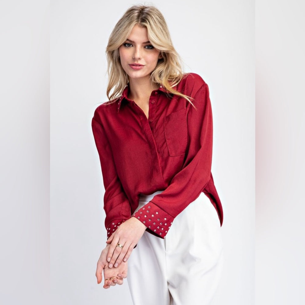 SCARLET EMBELLISHED BUTTON DOWN LONG SLEEVE BLOUSE TOP