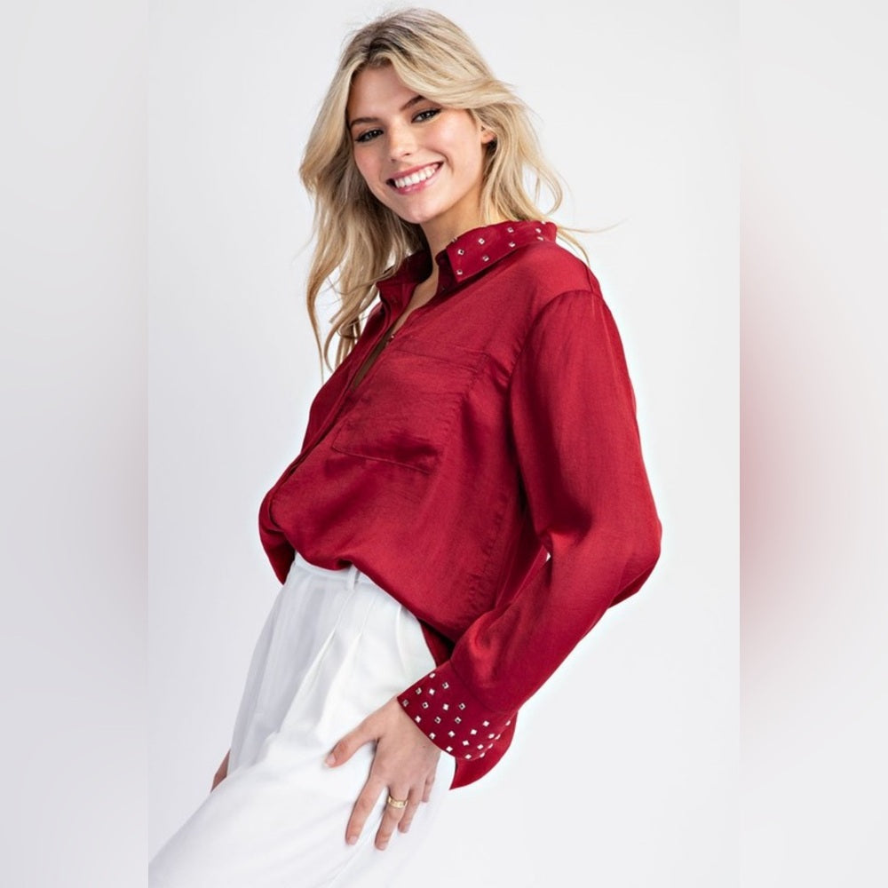 SCARLET EMBELLISHED BUTTON DOWN LONG SLEEVE BLOUSE TOP