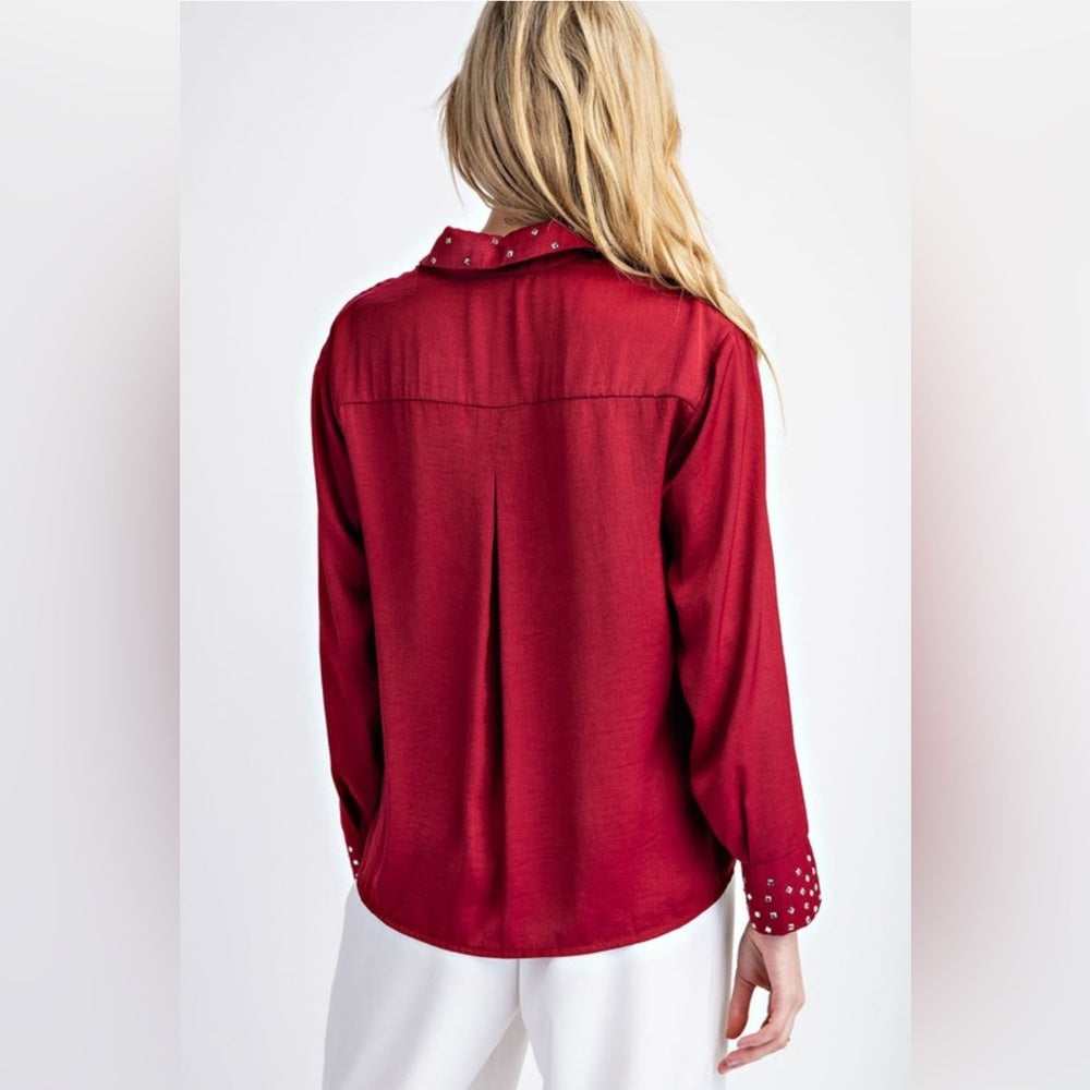 SCARLET EMBELLISHED BUTTON DOWN LONG SLEEVE BLOUSE TOP