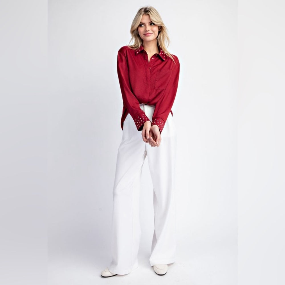 SCARLET EMBELLISHED BUTTON DOWN LONG SLEEVE BLOUSE TOP