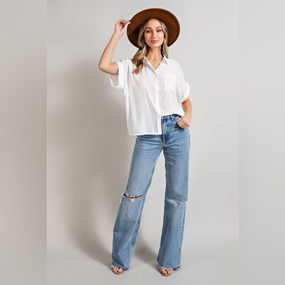 SHORT SLEEVE CLASSIC COLLARED SHIRT- WHITE