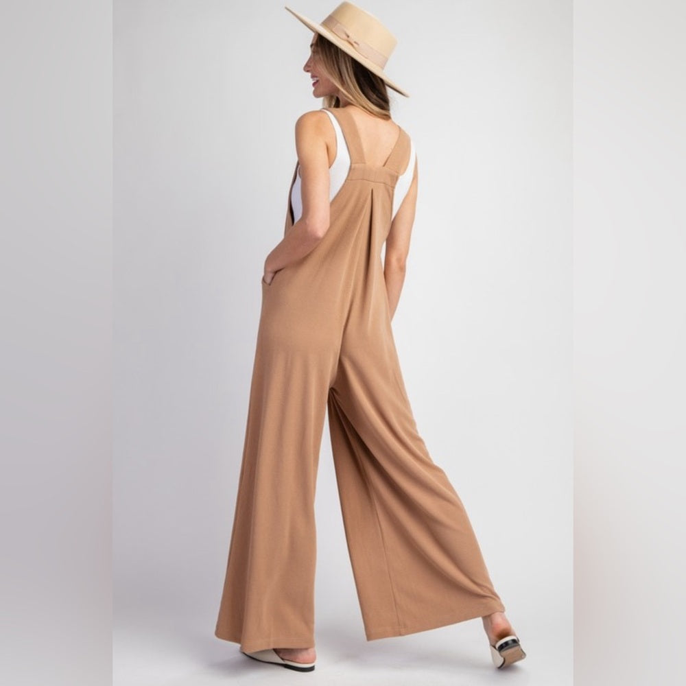 084. SLEEVELESS OVERALL WIDE LEG JUMPSUIT- CARMEL