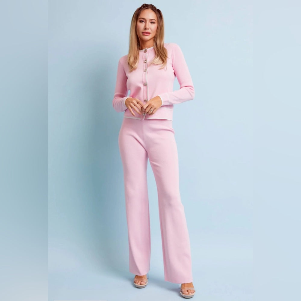 093. KNIT BUTTON DOWN CARDIGAN WITH PANT SET- LIGHT PINK