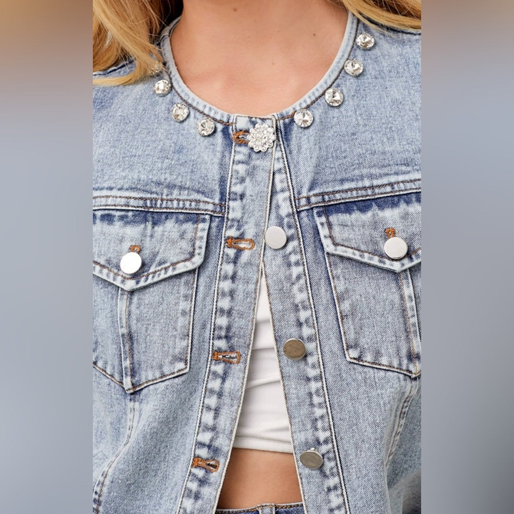 RHINESTONE DENIM VEST RUFFLE SLEEVE