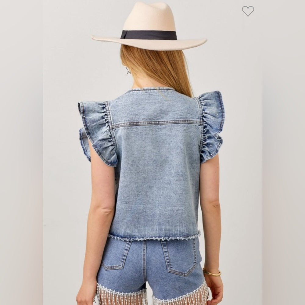 RHINESTONE DENIM VEST RUFFLE SLEEVE