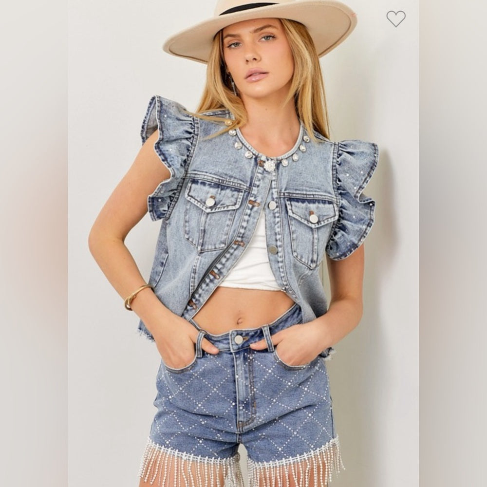 RHINESTONE DENIM VEST RUFFLE SLEEVE