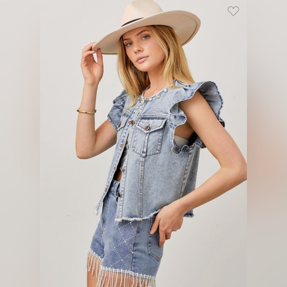 RHINESTONE DENIM VEST RUFFLE SLEEVE