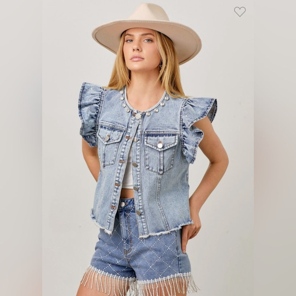 RHINESTONE DENIM VEST RUFFLE SLEEVE