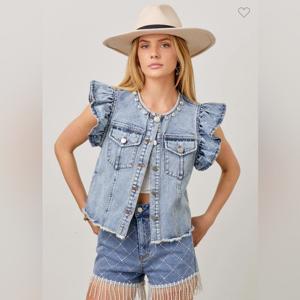 RHINESTONE DENIM VEST RUFFLE SLEEVE