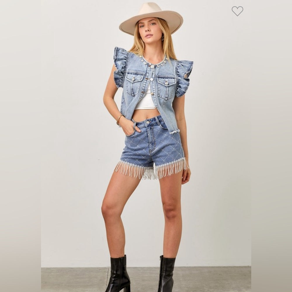 RHINESTONE DENIM VEST RUFFLE SLEEVE