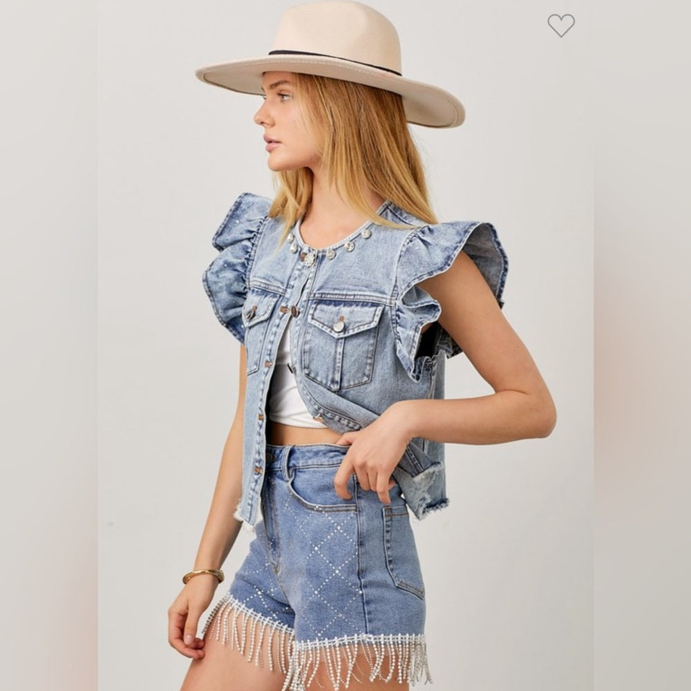 RHINESTONE DENIM VEST RUFFLE SLEEVE