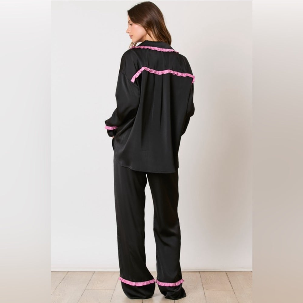 SATIN RUFFLE DETAIL PAJAMA SET